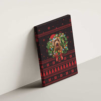 Wreath and Santa Dog in Red Canvas Wall Art with Black Holiday Pattern Design - Wonder Print Shop