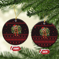 Wreath and Santa Dog in Red Ceramic Ornament with Black Holiday Pattern Design - Wonder Print Shop