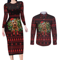 Wreath and Santa Dog in Red Couples Matching Long Sleeve Bodycon Dress and Long Sleeve Button Shirt with Black Holiday Pattern Design - Wonder Print Shop