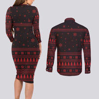 Wreath and Santa Dog in Red Couples Matching Long Sleeve Bodycon Dress and Long Sleeve Button Shirt with Black Holiday Pattern Design - Wonder Print Shop