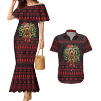 Wreath and Santa Dog in Red Couples Matching Mermaid Dress and Hawaiian Shirt with Black Holiday Pattern Design - Wonder Print Shop