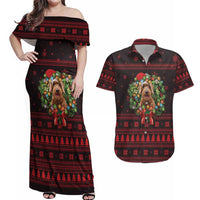 Wreath and Santa Dog in Red Couples Matching Off Shoulder Maxi Dress and Hawaiian Shirt with Black Holiday Pattern Design - Wonder Print Shop