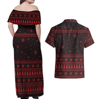Wreath and Santa Dog in Red Couples Matching Off Shoulder Maxi Dress and Hawaiian Shirt with Black Holiday Pattern Design - Wonder Print Shop