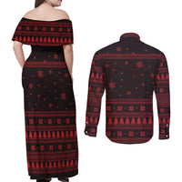 Wreath and Santa Dog in Red Couples Matching Off Shoulder Maxi Dress and Long Sleeve Button Shirt with Black Holiday Pattern Design - Wonder Print Shop