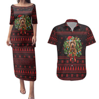 Wreath and Santa Dog in Red Couples Matching Puletasi and Hawaiian Shirt with Black Holiday Pattern Design - Wonder Print Shop