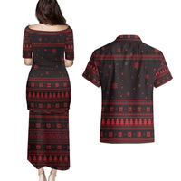 Wreath and Santa Dog in Red Couples Matching Puletasi and Hawaiian Shirt with Black Holiday Pattern Design - Wonder Print Shop