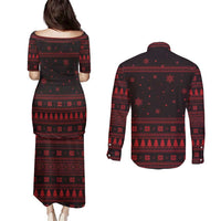Wreath and Santa Dog in Red Couples Matching Puletasi and Long Sleeve Button Shirt with Black Holiday Pattern Design - Wonder Print Shop