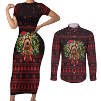 Wreath and Santa Dog in Red Couples Matching Short Sleeve Bodycon Dress and Long Sleeve Button Shirt with Black Holiday Pattern Design - Wonder Print Shop