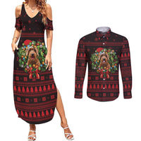 Wreath and Santa Dog in Red Couples Matching Summer Maxi Dress and Long Sleeve Button Shirt with Black Holiday Pattern Design - Wonder Print Shop