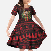 Wreath and Santa Dog in Red Family Matching Off The Shoulder Long Sleeve Dress and Hawaiian Shirt with Black Holiday Pattern Design - Wonder Print Shop