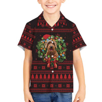 Wreath and Santa Dog in Red Family Matching Off The Shoulder Long Sleeve Dress and Hawaiian Shirt with Black Holiday Pattern Design - Wonder Print Shop
