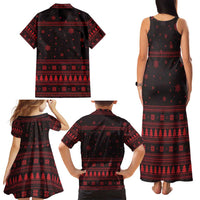Wreath and Santa Dog in Red Family Matching Tank Maxi Dress and Hawaiian Shirt with Black Holiday Pattern Design - Wonder Print Shop