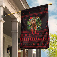 Wreath and Santa Dog in Red Garden Flag with Black Holiday Pattern Design - Wonder Print Shop