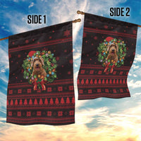 Wreath and Santa Dog in Red Garden Flag with Black Holiday Pattern Design - Wonder Print Shop