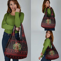 Wreath and Santa Dog in Red Grocery Bag with Black Holiday Pattern Design - Wonder Print Shop