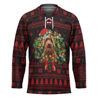 Wreath and Santa Dog in Red Hockey Jersey with Black Holiday Pattern Design - Wonder Print Shop