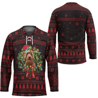 Wreath and Santa Dog in Red Hockey Jersey with Black Holiday Pattern Design - Wonder Print Shop