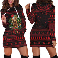 Wreath and Santa Dog in Red Hoodie Dress with Black Holiday Pattern Design - Wonder Print Shop