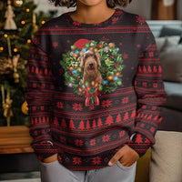 Wreath and Santa Dog in Red Kid Ugly Christmas Sweater with Black Holiday Pattern Design - Wonder Print Shop