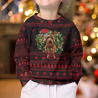 Wreath and Santa Dog in Red Kid Ugly Christmas Sweater with Black Holiday Pattern Design - Wonder Print Shop