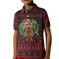 Wreath and Santa Dog in Red Kid Polo Shirt with Black Holiday Pattern Design - Wonder Print Shop