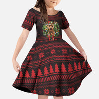 Wreath and Santa Dog in Red Kid Short Sleeve Dress with Black Holiday Pattern Design - Wonder Print Shop