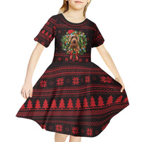 Wreath and Santa Dog in Red Kid Short Sleeve Dress with Black Holiday Pattern Design - Wonder Print Shop