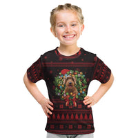 Wreath and Santa Dog in Red Kid T Shirt with Black Holiday Pattern Design - Wonder Print Shop