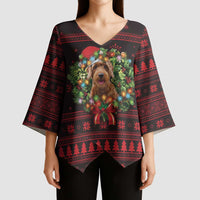 Wreath and Santa Dog in Red Kimono Sleeve Blouse with Black Holiday Pattern Design - Wonder Print Shop