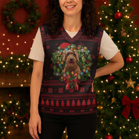 Wreath and Santa Dog in Red Christmas Knitted V-Neck Vest with Black Holiday Pattern Design - Wonder Print Shop