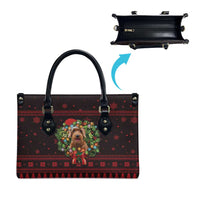 Wreath and Santa Dog in Red Leather Bag with Black Holiday Pattern Design - Wonder Print Shop