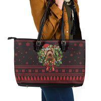Wreath and Santa Dog in Red Leather Tote Bag with Black Holiday Pattern Design - Wonder Print Shop