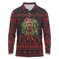 Wreath and Santa Dog in Red Long Sleeve Polo Shirt with Black Holiday Pattern Design - Wonder Print Shop