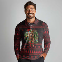 Wreath and Santa Dog in Red Long Sleeve Polo Shirt with Black Holiday Pattern Design - Wonder Print Shop