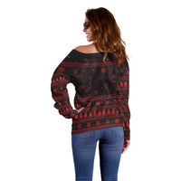 Wreath and Santa Dog in Red Off Shoulder Sweater with Black Holiday Pattern Design - Wonder Print Shop