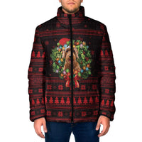 Wreath and Santa Dog in Red Padded Jacket with Black Holiday Pattern Design - Wonder Print Shop