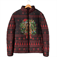 Wreath and Santa Dog in Red Padded Jacket with Black Holiday Pattern Design - Wonder Print Shop