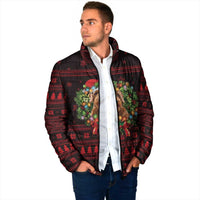 Wreath and Santa Dog in Red Padded Jacket with Black Holiday Pattern Design - Wonder Print Shop