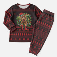 Wreath and Santa Dog in Red Christmas Pajama Set with Black Holiday Pattern Design - Wonder Print Shop