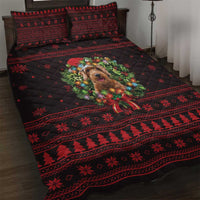 Wreath and Santa Dog in Red Quilt Bed Set with Black Holiday Pattern Design - Wonder Print Shop
