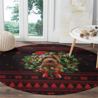 Wreath and Santa Dog in Red Round Carpet with Black Holiday Pattern Design - Wonder Print Shop