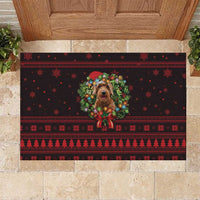 Wreath and Santa Dog in Red Rubber Doormat with Black Holiday Pattern Design - Wonder Print Shop