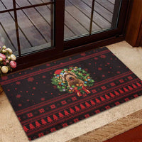 Wreath and Santa Dog in Red Rubber Doormat with Black Holiday Pattern Design - Wonder Print Shop