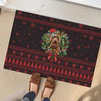 Wreath and Santa Dog in Red Rubber Doormat with Black Holiday Pattern Design - Wonder Print Shop