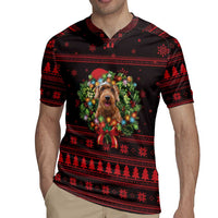 Wreath and Santa Dog in Red Rugby Jersey with Black Holiday Pattern Design - Wonder Print Shop