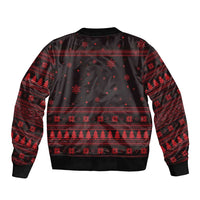 Wreath and Santa Dog in Red Sleeve Zip Bomber Jacket with Black Holiday Pattern Design - Wonder Print Shop