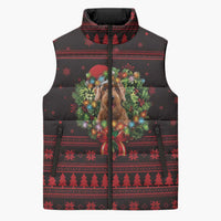 Wreath and Santa Dog in Red Sleeveless Puffer Jacket with Black Holiday Pattern Design - Wonder Print Shop