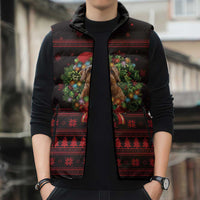 Wreath and Santa Dog in Red Sleeveless Puffer Jacket with Black Holiday Pattern Design - Wonder Print Shop