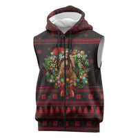 Wreath and Santa Dog in Red Sleeveless Zip Hoodie with Black Holiday Pattern Design - Wonder Print Shop