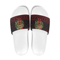 Wreath and Santa Dog in Red Slide Sandals with Black Holiday Pattern Design - Wonder Print Shop